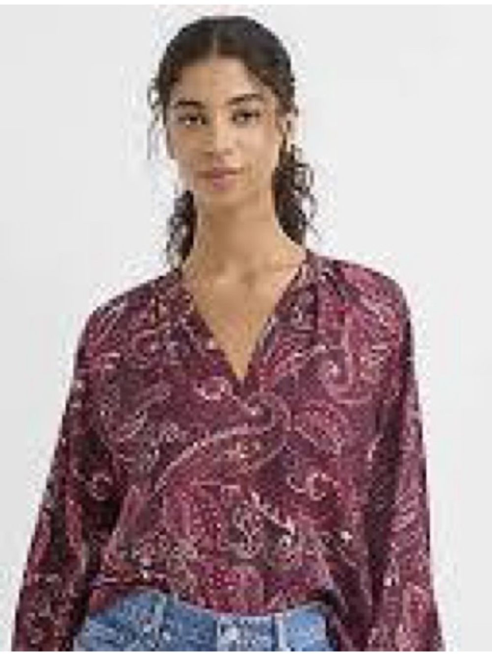 Evereve Burgundy Paisley V-Neck Blouse with Pink Accents